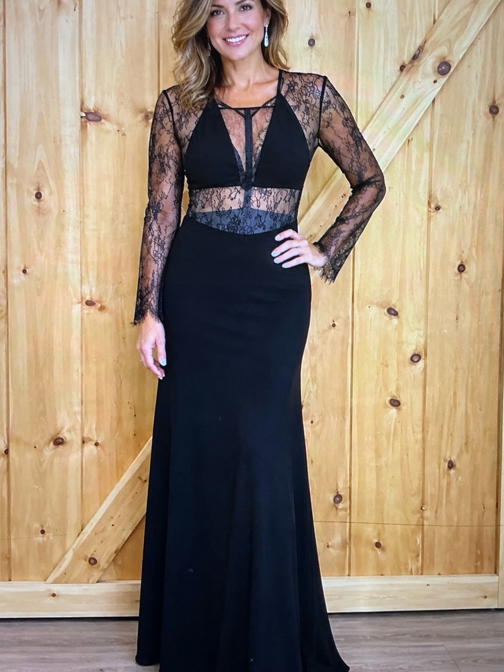 BCBGMaxAzria Black Lace Long Sleeve Evening Gown